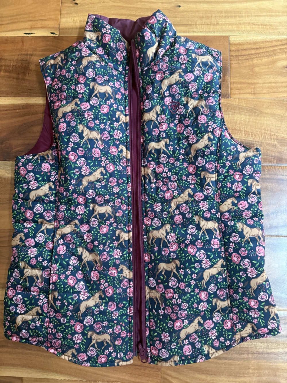 Ariat Equestrian Reversible Floral & Horse Print Vest in Navy & Burgundy